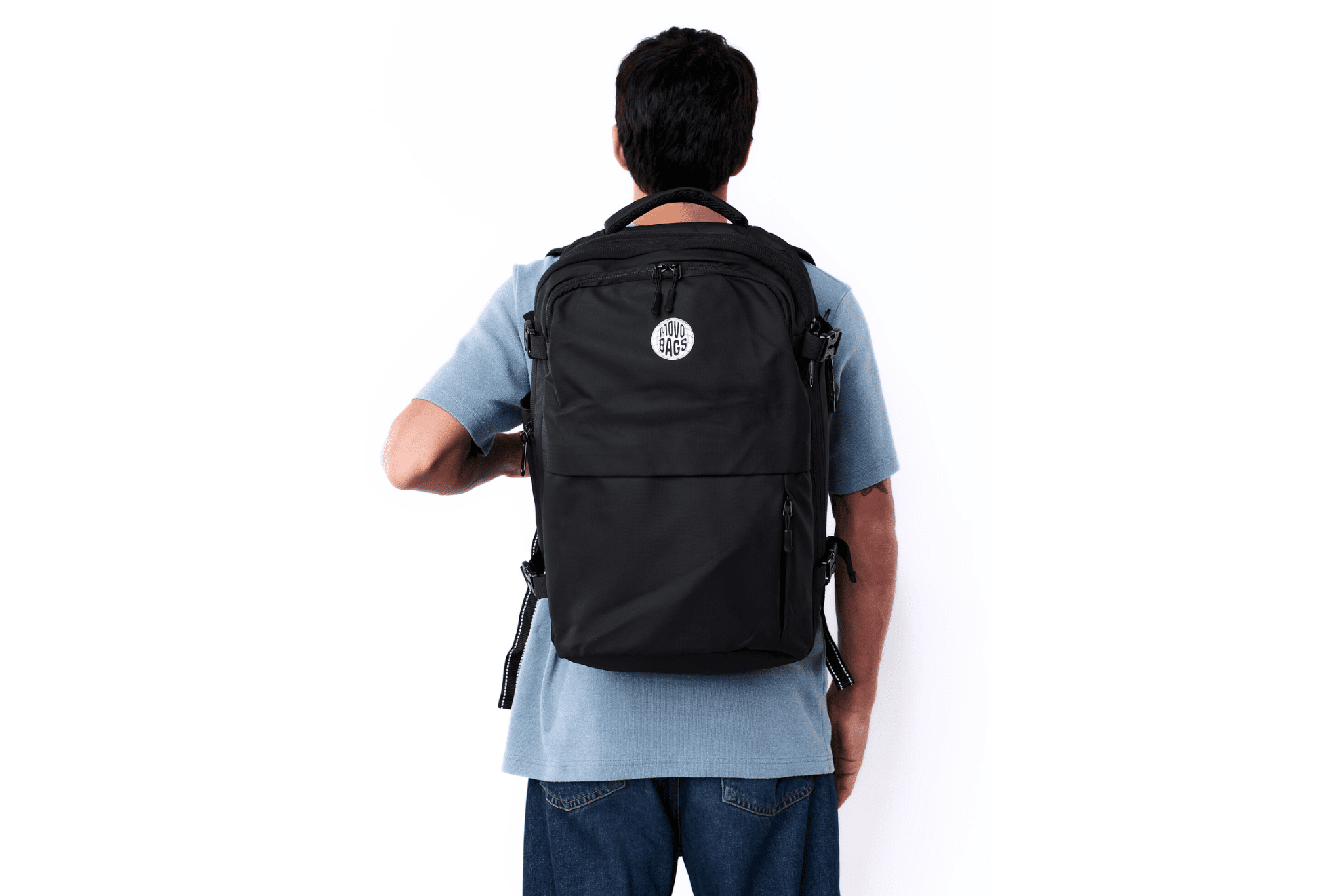 Back view of person wearing MOVO BAGS travel backpack